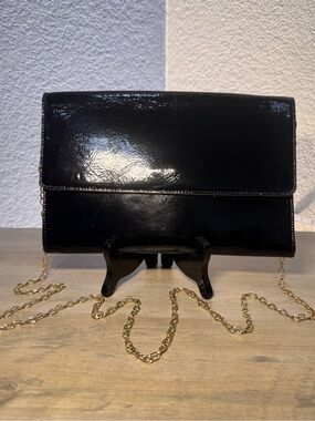 Halogen Black Patent Leather Wallet Clutch Crossbody Gold Chain Envelope Bag